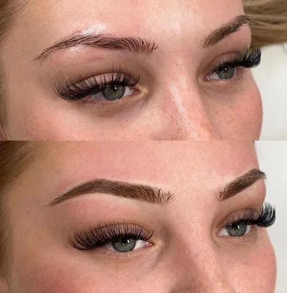 Eyebrow feathering with lash line — before and after