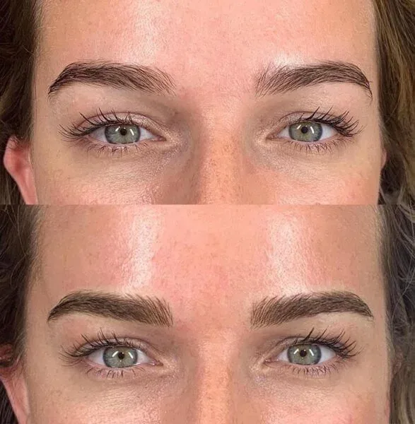 Natural brow feathering — front-on before and after