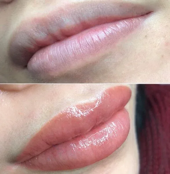 Lip blush tattoo — before and after